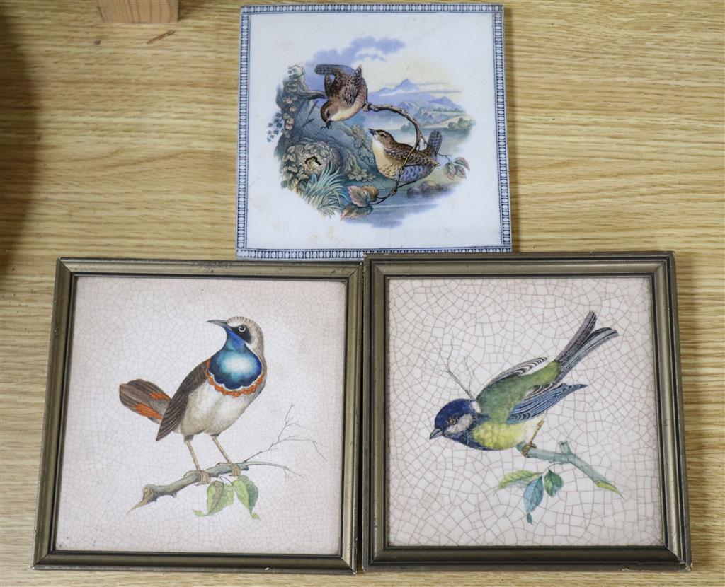 Two Rosenthal Keramik bird-printed tiles, and a similar prattware tile